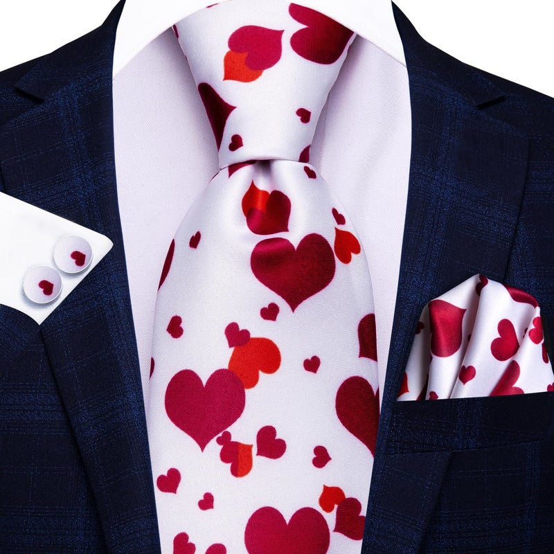 Hi-Tie ربطات عنق هاي-تاي حمراء على شكل قلب للرجال من الحرير لمناسبة عيد الحب مع منديل جيب وأزرار أكمام مجموعة لمهرجان العطلات - Image 3